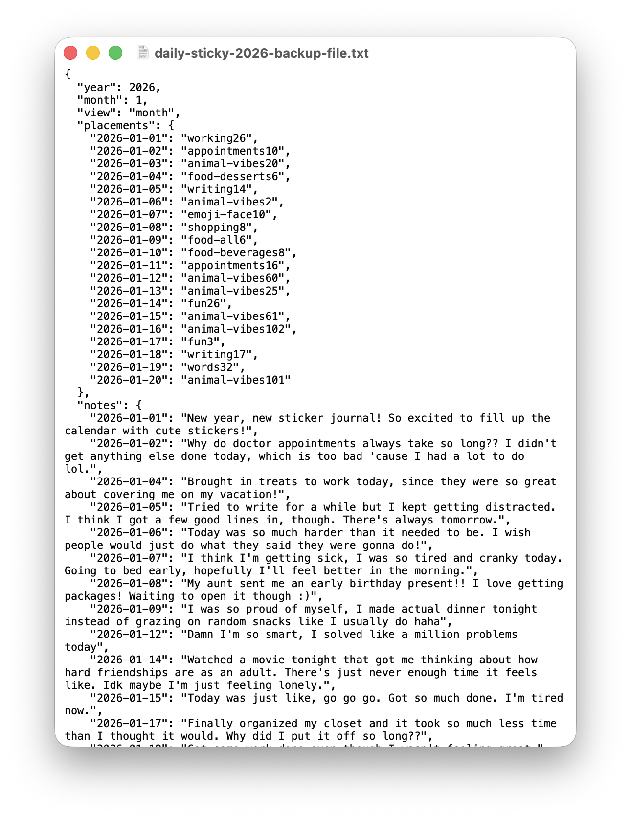 Example of a Daily Sticky exported backup file showing sticker placements and notes as JSON