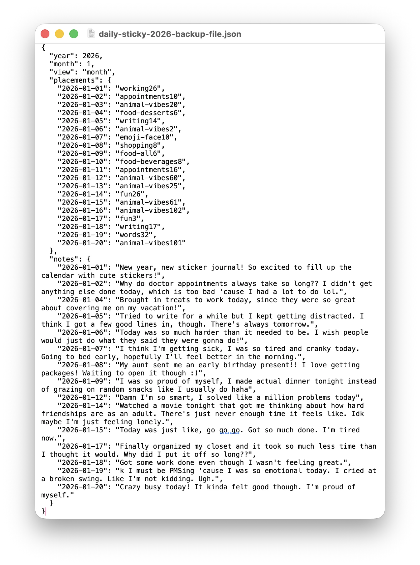 Example of a Daily Sticky exported backup file showing sticker placements and notes as JSON