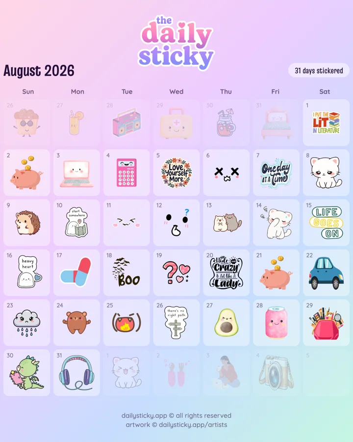 Daily Sticky monthly calendar view with stickers placed on several days