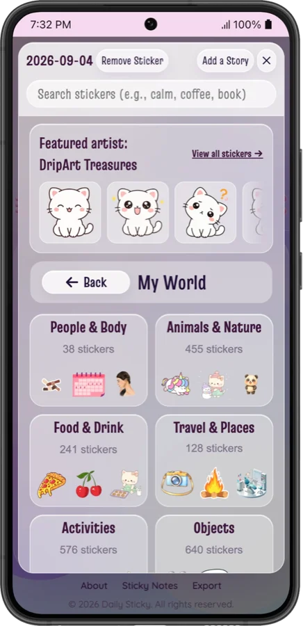 Daily Sticky sticker picker showing categories of stickers to choose from