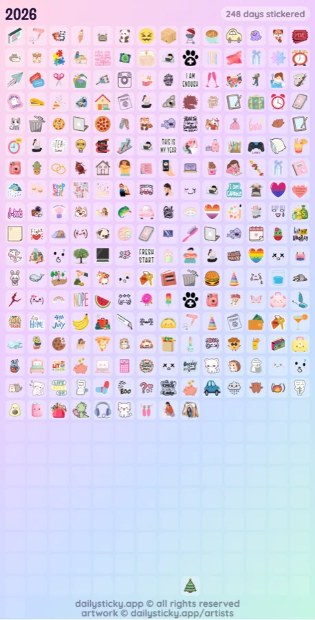 Daily Sticky year view showing a full year of stickers, like a year in pixels grid made of stickers instead of colored squares